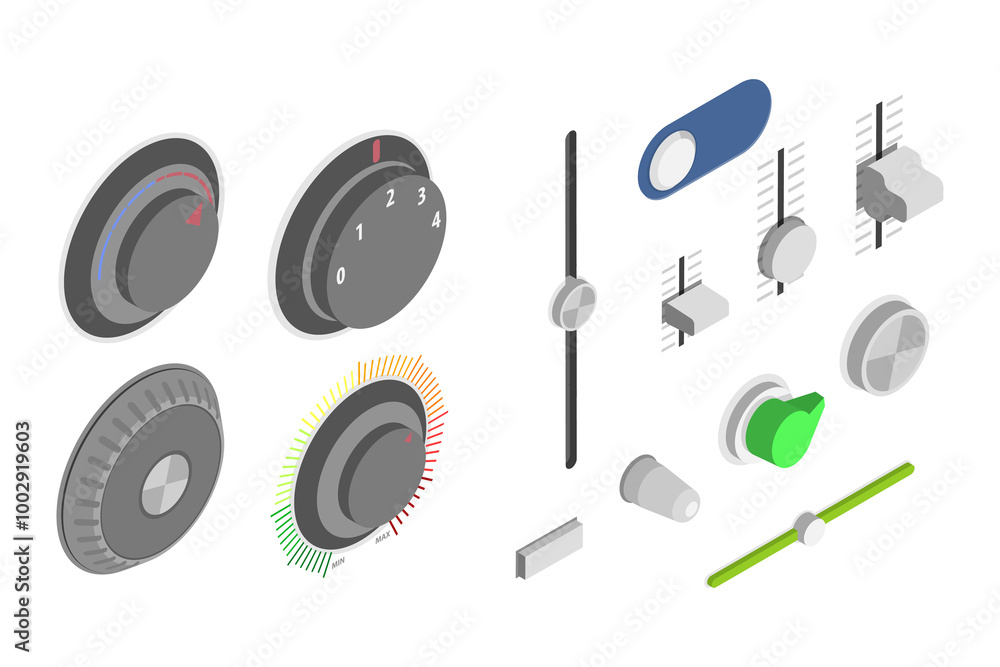 3D Isometric Flat Set of Audio Mixer Dials, Radio Knobs 3D Isometric Flat Set of Audio Mixer Dials, Radio Knobs