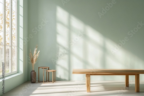 Photographed the living room and Scandinavian interior-style wood table of the current house  finished with mint-colored walls. Generative AI 