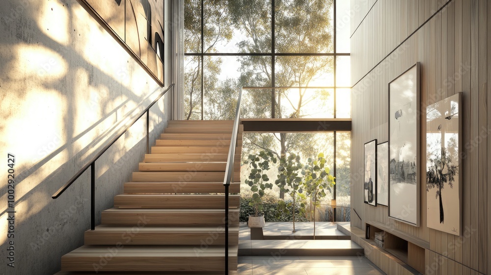 A contemporary staircase with floating wood planks A contemporary staircase with floating wood planks