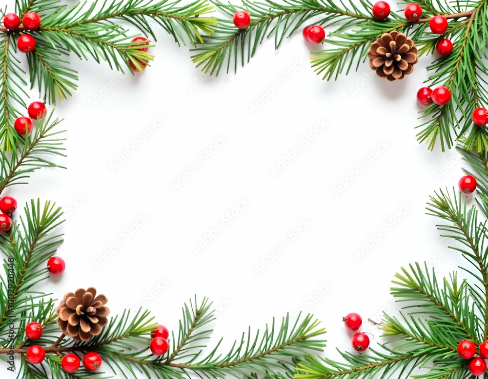 A festive Christmas frame with pine branches, pine cones, and red berries on a white background A festive Christmas frame with pine branches, pine cones, and red berries on a white background