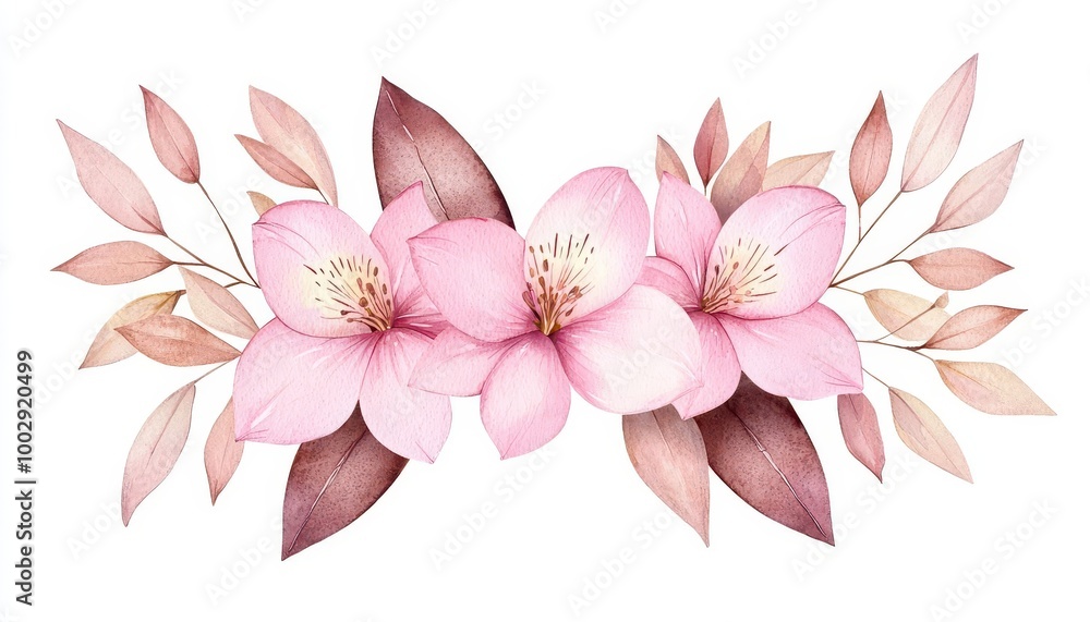 Obraz premium A beautiful watercolor illustration of pink flowers and leaves, perfect for spring-themed designs and floral patterns.