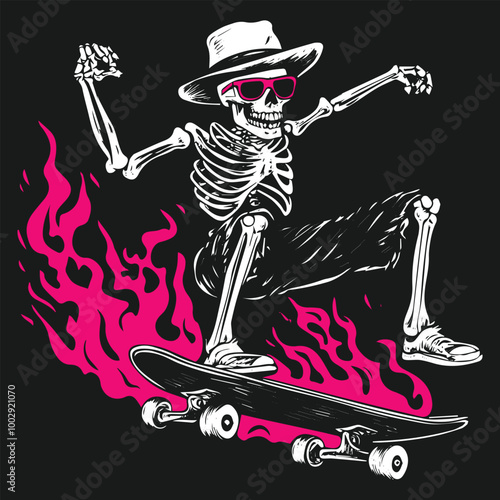 Skeleton Skateboarding with Flames