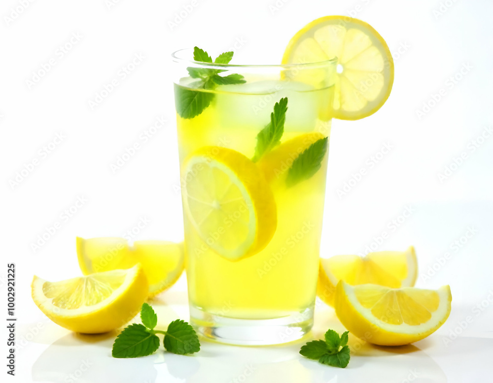 Fototapeta premium A glass of iced tea or lemonade with lemon slices and mint leaves, surrounded by fresh lemon wedges on a white background