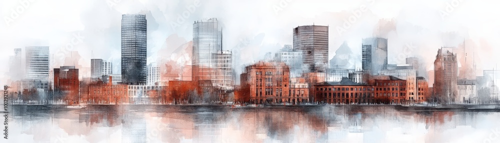 Obraz premium A beautiful watercolor city skyline reflecting on the water, capturing urban architecture and vibrant colors in a serene landscape.