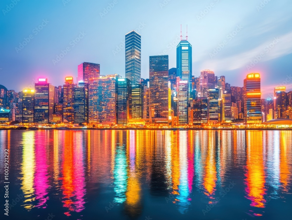 Fototapeta premium A vibrant city skyline illuminated at night, reflecting colorful lights on the water, showcasing urban beauty and modern architecture.