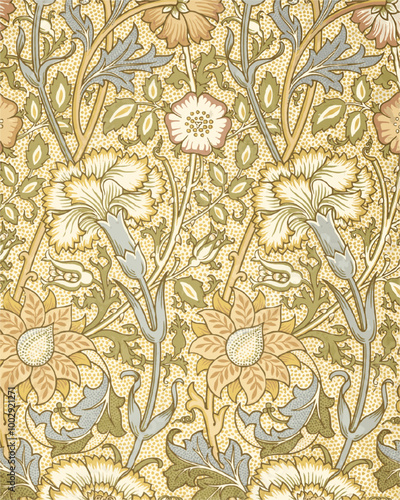  vintage floral wallpaper with a art nouveau-style design of flowers, leaves and stems on a yellow background.