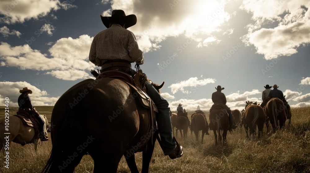 A group of cowboys rides on horseback through golden grasses as the sun sets, casting a warm glow around them A group of cowboys rides on horseback through golden grasses as the sun sets, casting a warm glow around them