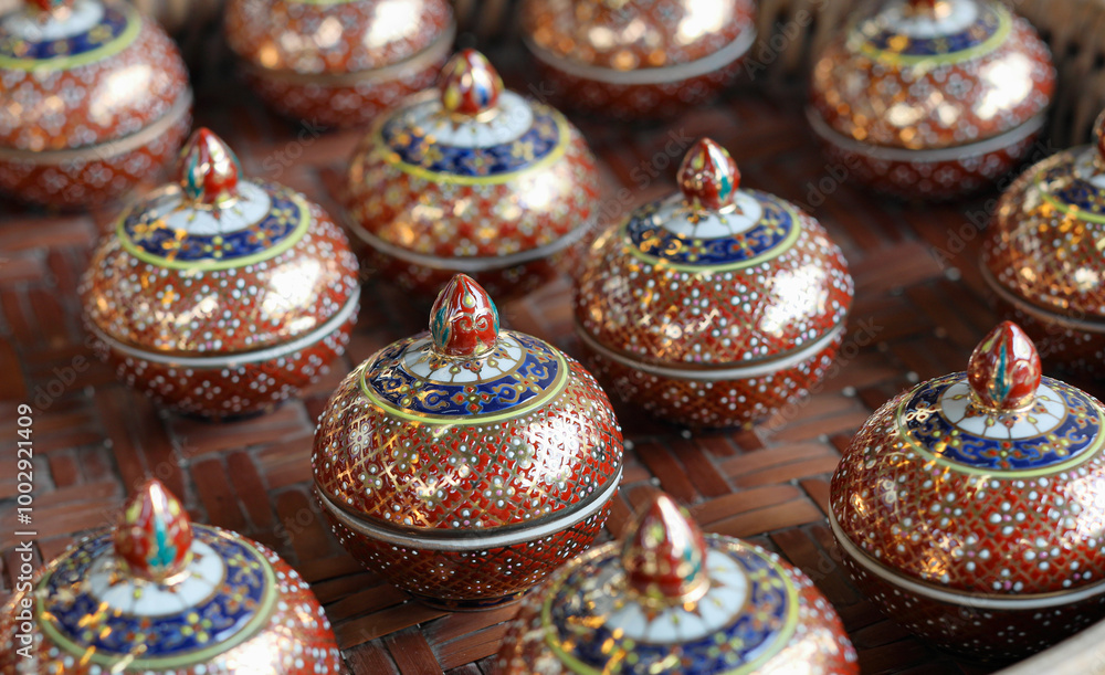 Antique thai ceramics porcelain, benjarong jar with shallow focus. Antique thai ceramics porcelain, benjarong jar with shallow focus.