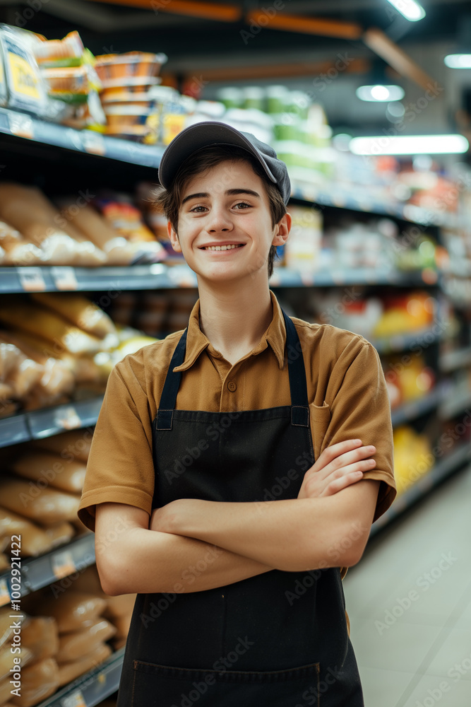 Young male supermarket employee in front of racks in grocery or a supermarket. Young male supermarket employee in front of racks in grocery or a supermarket.
