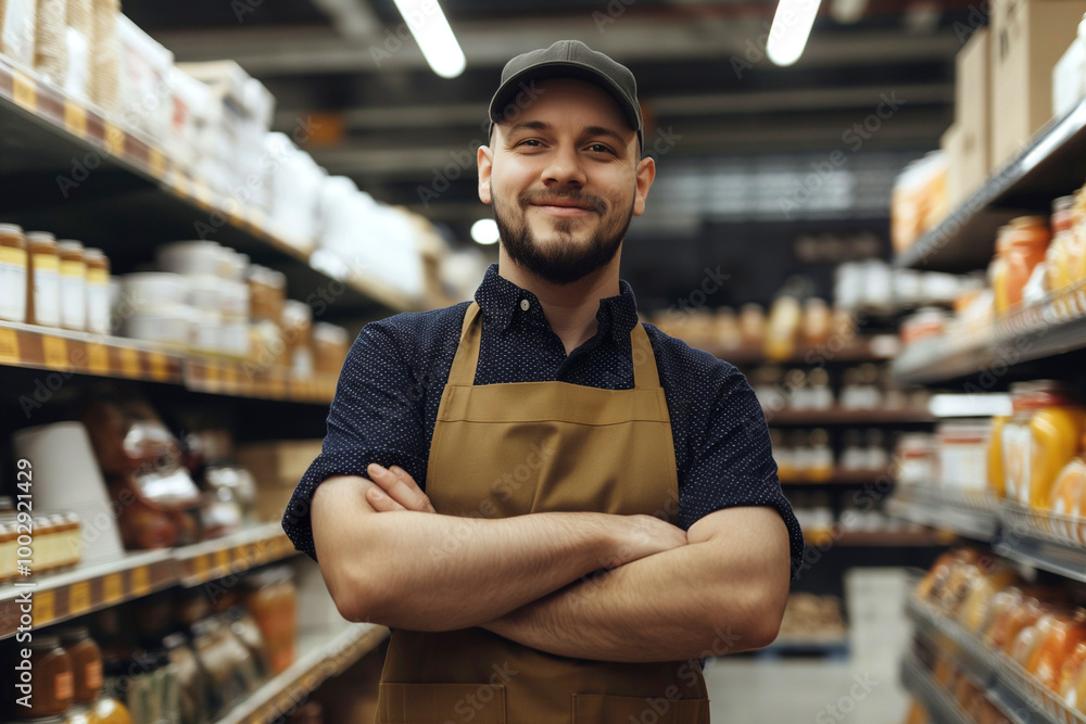 Male supermarket employee in front of racks in grocery or a supermarket. Male supermarket employee in front of racks in grocery or a supermarket.
