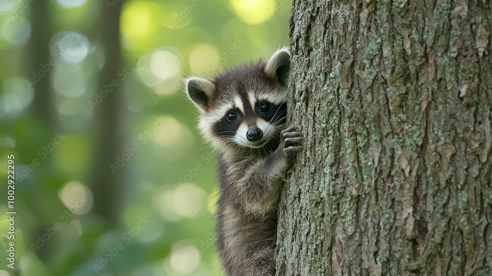 Curious Baby Raccoon Peeking from Behind Tree Trunk in Forest with Copy Space - Adorable Wildlife Close-Up Photo Curious Baby Raccoon Peeking from Behind Tree Trunk in Forest with Copy Space - Adorable Wildlife Close-Up Photo