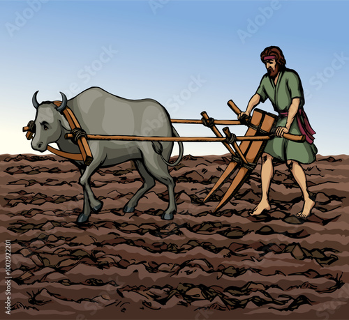 Vector drawing. Old wooden plow