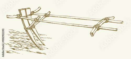 Vector drawing. Old wooden plow