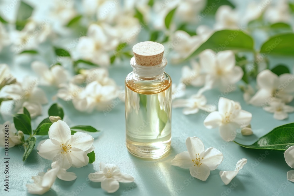 luxurious concept with jasmine oil bottle and delicate petals for self-care banner luxurious concept with jasmine oil bottle and delicate petals for self-care banner