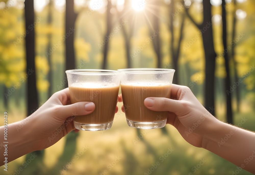 Two hands holding cups, toasting against a blurred city background Two hands holding cups, toasting against a blurred city background