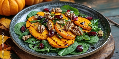 Wallpaper Mural Roasted pumpkin salad with spinach and walnut on a black plate on a old wooden background. Top view Torontodigital.ca