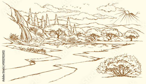 Vector drawing. River in the valley