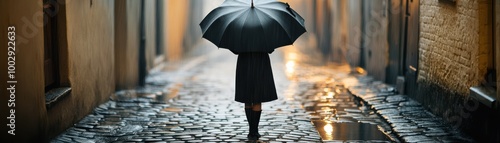A solitary figure walking with an umbrella down a cobblestone street, surrounded by warm, soft light and reflections from the rain.