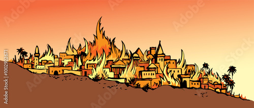 Vector drawing. Fire in the city