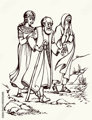 Vector drawing. Lot flee from Sodom