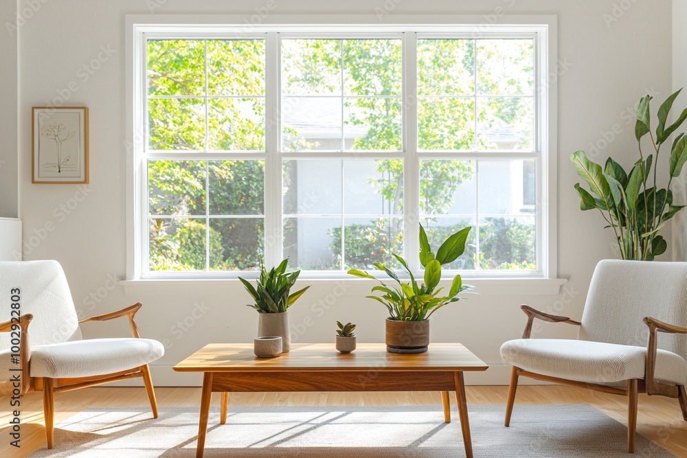 Living room with large windows. Minimalist interior photo with armchair and wood table. Generative AI
Living room with large windows. Minimalist interior photo with armchair and wood table. Generative AI