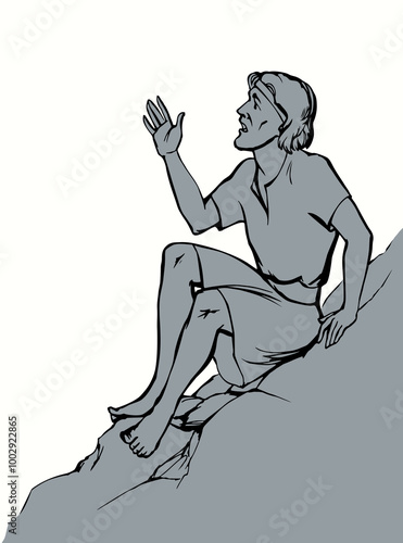 Vector drawing. Man sitting on the rock