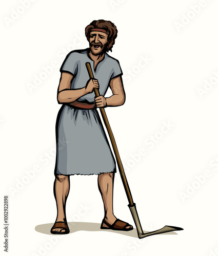 Vector drawing. A man with an old scythe