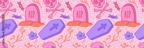 Spooky cute halloween pattern with grave and coffin. Stock vector illustration in cartoon style with outline.