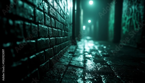 A dimly lit alleyway with wet cobblestones and glowing streetlights. photo