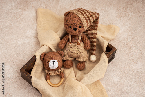 Handmade crocheted bear toys, amigurumi. Handamde stuffed toy. photo