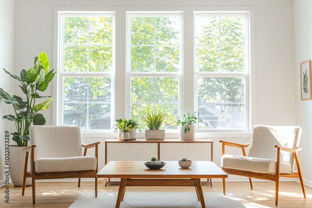 Fototapeta premium Living room with large windows. Minimalist interior photo with armchair and wood table. Generative AI 