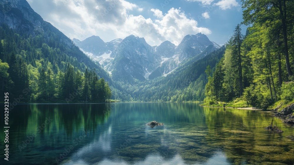 Fototapeta premium Peaceful alpine lake surrounded by lush forest and majestic mountain peaks.