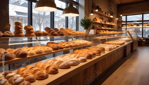 A bakery display with various freshly baked breads, pastries, and other baked goods . The display is set against a warm, cozy interior with wooden shelves, hanging lamps, and a busy atmosphere