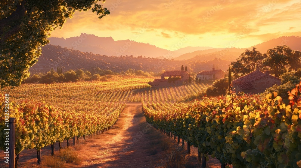 Fototapeta premium Golden sunset over a lush vineyard with rolling hills in the background.