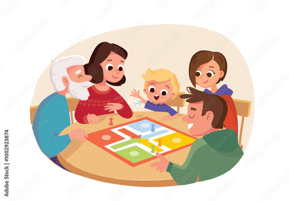 Hole family seats by table and plays table games together. Family members relatives having fun while playing board game. Spending time playing tabletop games. Vector illustration. Family dinner Hole family seats by table and plays table games together. Family members relatives having fun while playing board game. Spending time playing tabletop games. Vector illustration. Family dinner