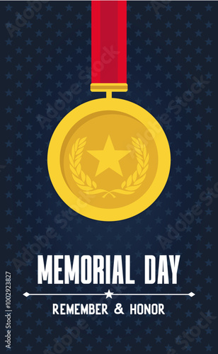 Memorial day banner poster american flag dark pattern background with stars us hero medal
