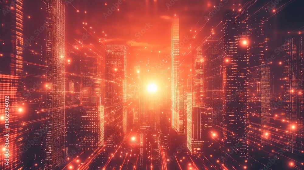 Obraz premium Creative glowing city skyline with abstract metaverse wallpaper. Digital future and cyberpunk concept. Double exposure