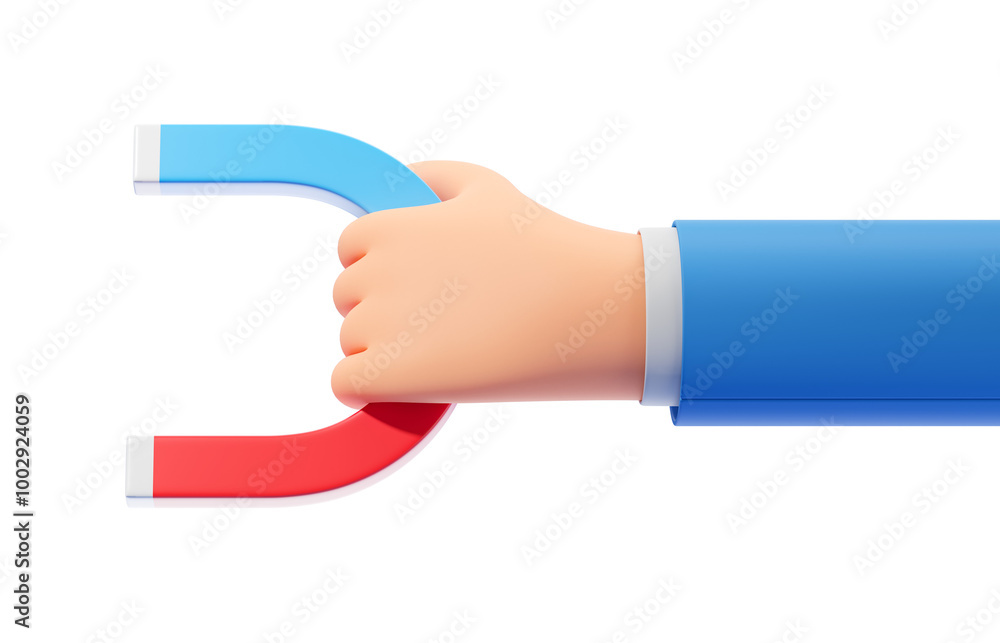 Hand holding a red and blue horseshoe magnet, 3D rendering, white background. Concept of attraction, magnetism, power. 3D Rendering Hand holding a red and blue horseshoe magnet, 3D rendering, white background. Concept of attraction, magnetism, power. 3D Rendering