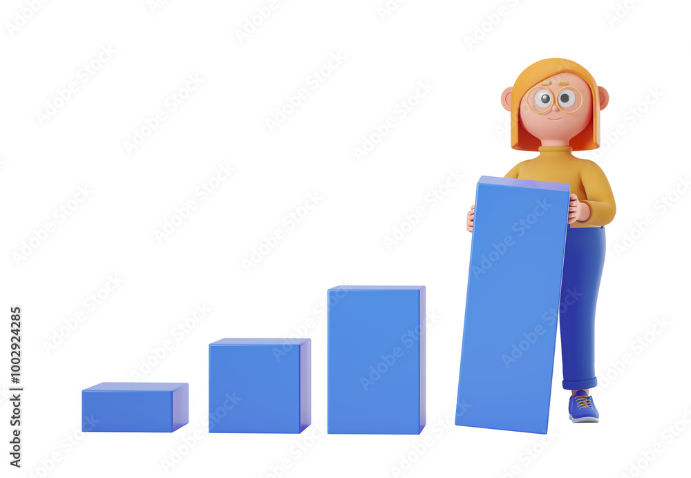 3D character holding a large blue bar beside smaller bars on a white isolated background. Concept of business growth and success. 3D Rendering 3D character holding a large blue bar beside smaller bars on a white isolated background. Concept of business growth and success. 3D Rendering