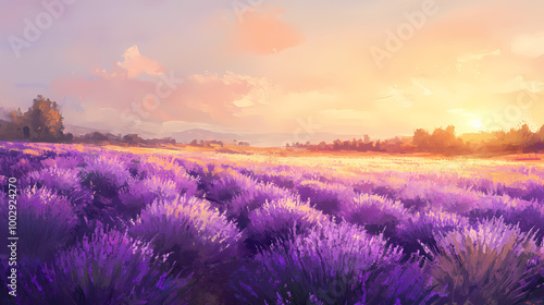 A field of lavender at sunrise with a soft painterly style. background. Lavender Fields. Illustration