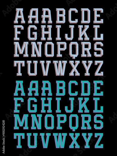 Collegiate angled alphabet with 3D vector shadow and highlight bevels.