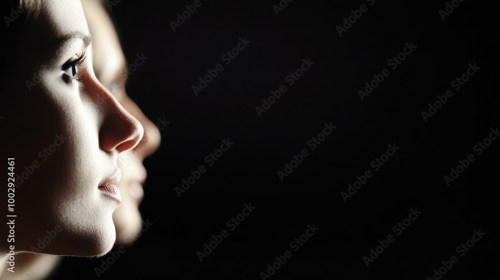 Profile view of a person's face in soft lighting against a dark background, highlighting features and emotions. Profile view of a person's face in soft lighting against a dark background, highlighting features and emotions.