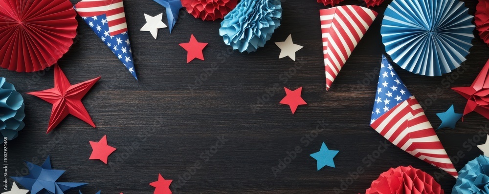Obraz premium A festive arrangement of red, white, and blue decorations on a dark wooden background, perfect for celebrations and events.