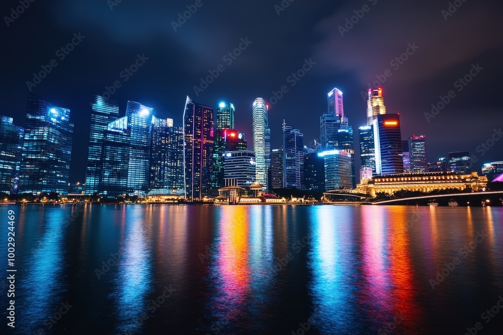 Obraz premium This image showcases a vibrant urban skyline at night, with colorful lights reflecting beautifully on the tranquil water, illustrating a breathtaking cityscape view.