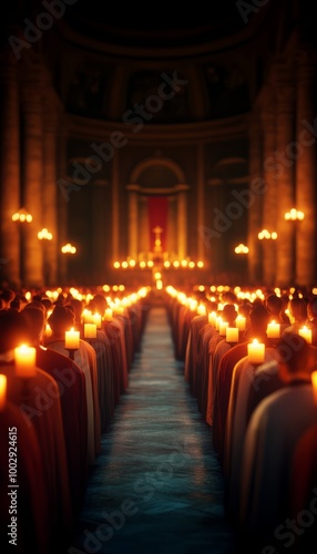 A dimly lit gathering with people holding candles in a grand hall.