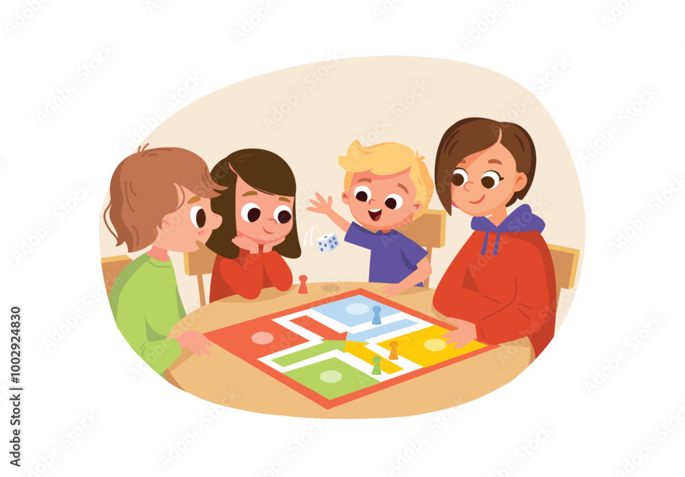 Family dinner. Family members relatives having fun while playing board game. Hole family seats by table and plays table games together.Spending time playing tabletop games. Vector illustration. Family dinner. Family members relatives having fun while playing board game. Hole family seats by table and plays table games together.Spending time playing tabletop games. Vector illustration.