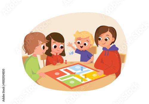 Family dinner. Family members relatives having fun while playing board game.  Hole family seats by table and plays table games together.Spending time playing tabletop games. Vector illustration.