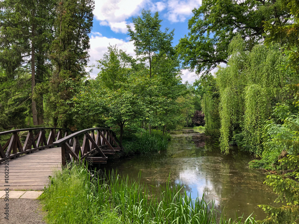 Wooden bridge connecting two islands over a lake Wooden bridge connecting two islands over a lake