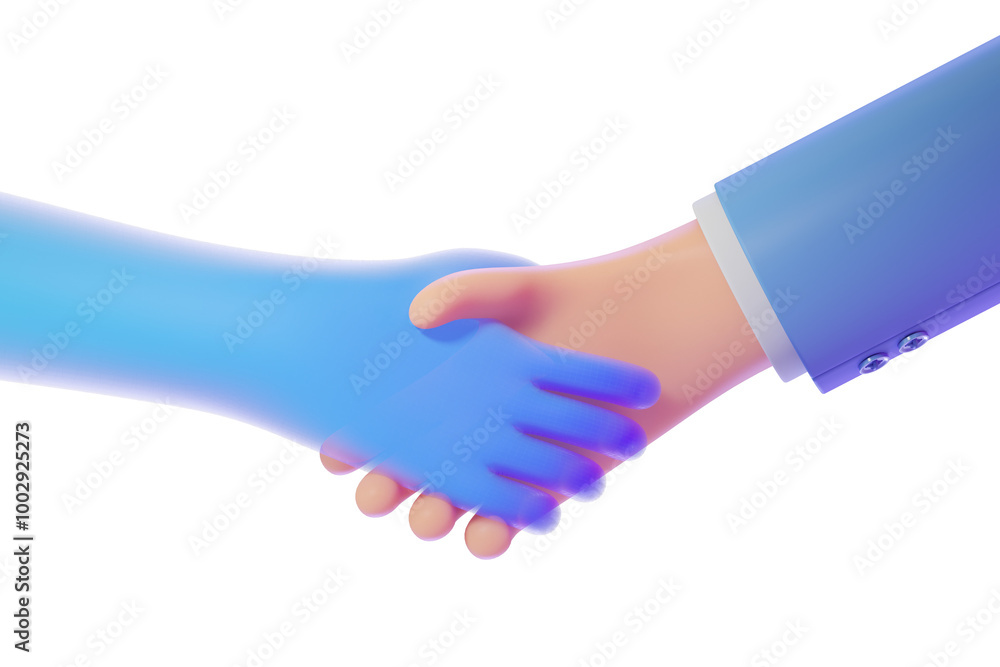Close-up of a handshake between two stylized hands, one blue and one peach, on a white background. Concept of agreement. 3D Rendering Close-up of a handshake between two stylized hands, one blue and one peach, on a white background. Concept of agreement. 3D Rendering