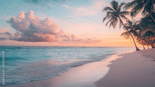 At dawn, the sky transforms with soft pastel colors as the sun rises over a tropical beach. The gentle ocean waves lap at the shore, inviting serenity and peace
